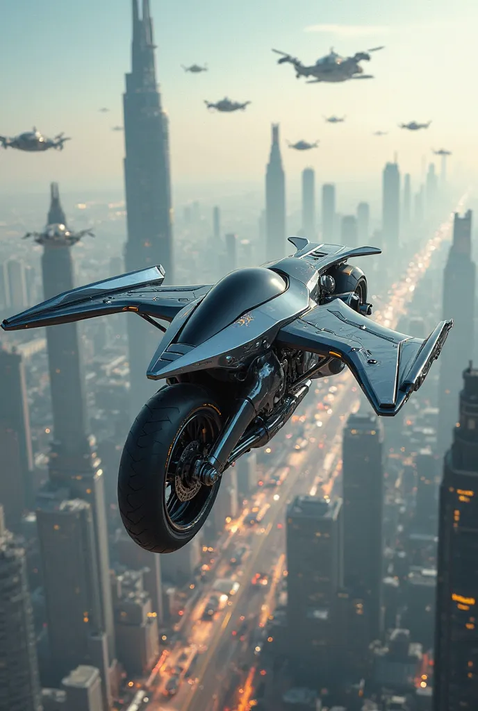 Make a flying motorcycle of the future with wings 