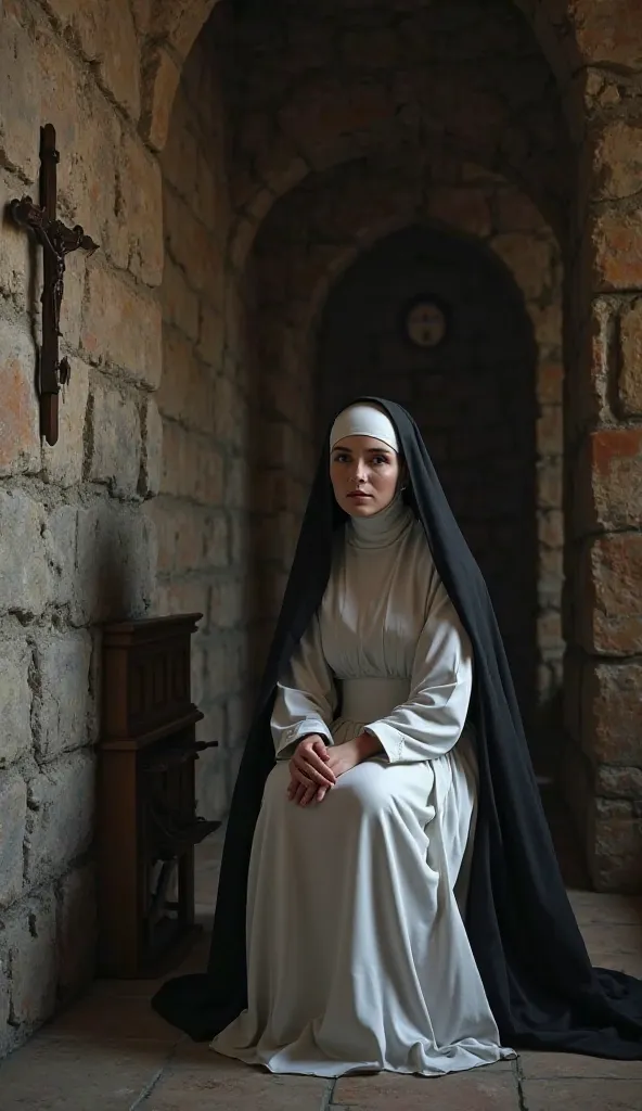 Generate the image of a Carmelite nun inside a room of stone walls, 