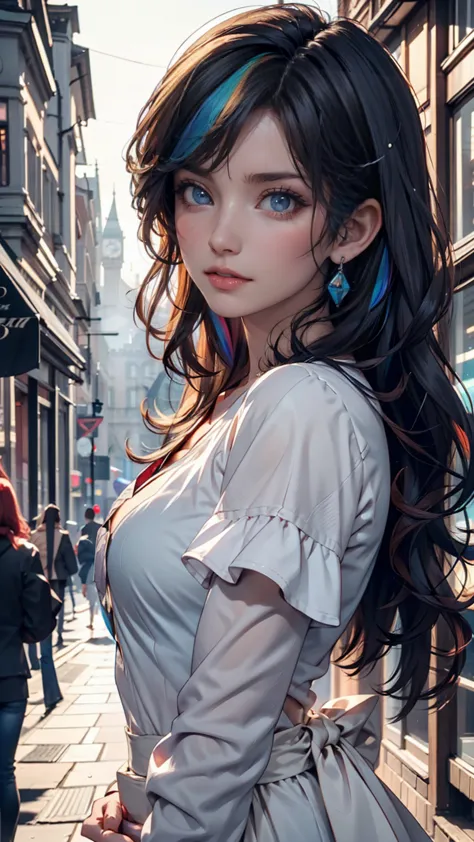  24-year-old White Woman 、long eyelashes、black eyeshadow for eyes、lip gloss、 Rainbow （rainbow）Hair Color、blue eyes、foggy skin、Sherlock Holmes Cosplay、London、Misty Streetscapes