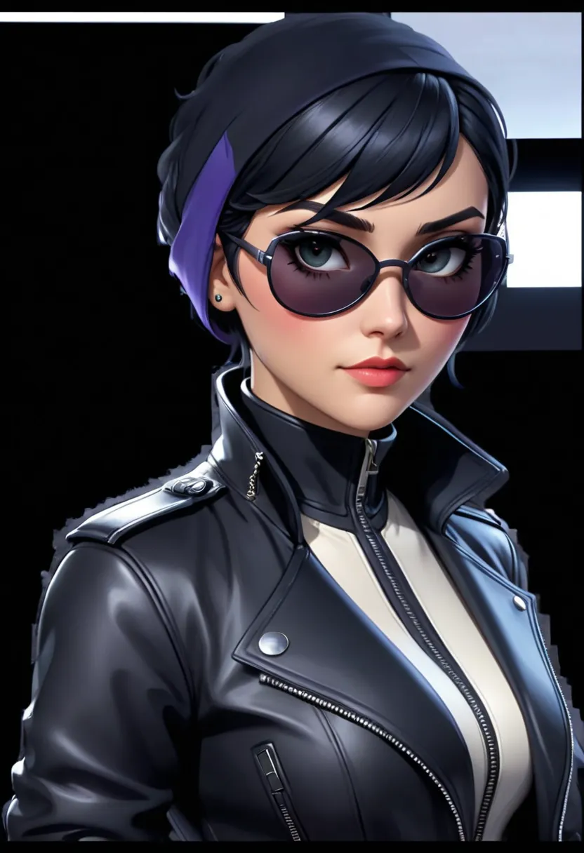 a woman in a black leather jacket and sunglasses, with a leather head scarf, persona 5 art style wlop, artgerm ; 3d unreal engine, persona art style, high detail iconic character, kate bishop, inspired by Leng Mei, villainess, artgerm style, style artgerm,...