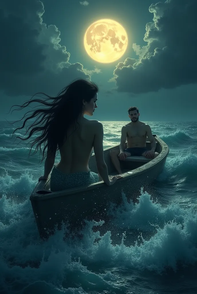 Create a realistic illustration of a dark-haired, golden-eyed mermaid, inside the raging ocean, seducing a man who is inside the boat. The mermaid in the water. The man inside the boat. the setting must be a raging ocean, in a nightspot, dark tones and dar...