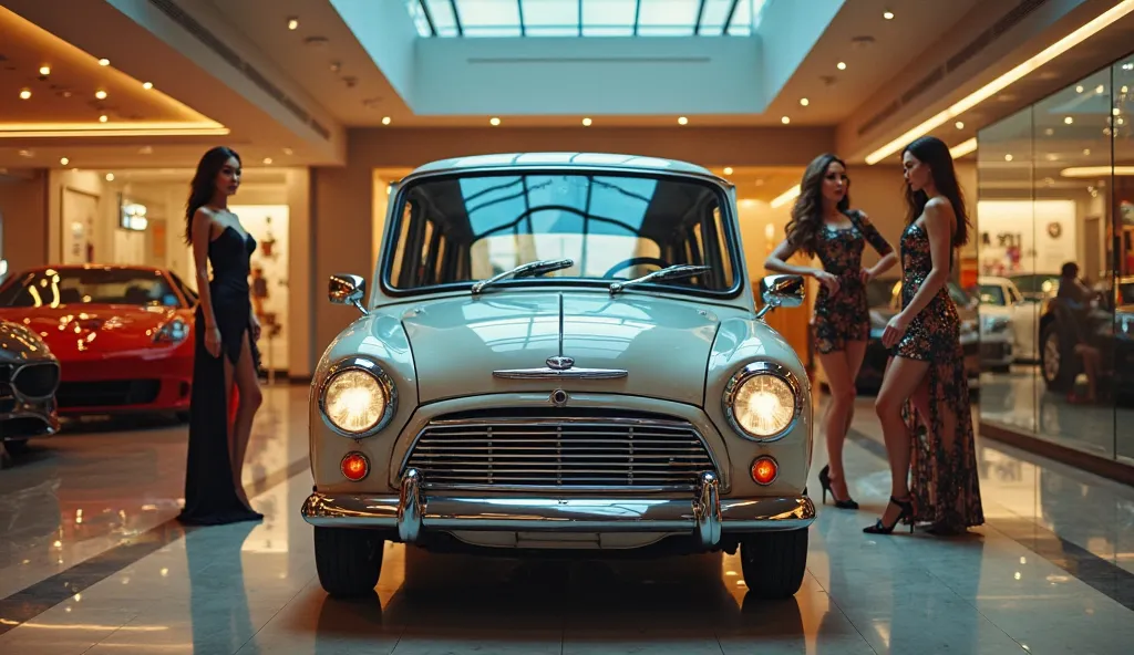 
"A luxurious car showroom with bright lighting and modern interiors. A stylish vintage minivan is parked in the center, reflecting the showroom lights. Surrounding the car are three to four glamorous women dressed in elegant outfits, posing like movie her...