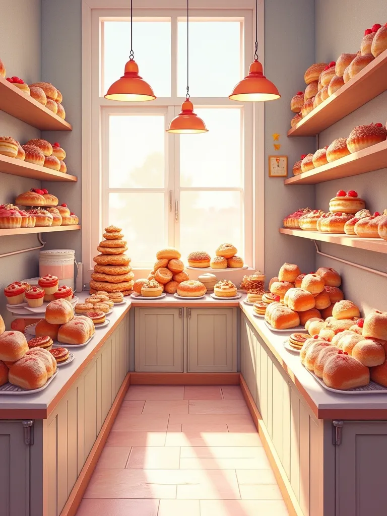 Digital art, digital illustration, watercolor style, detailed, drawing of a pastry shop, background with muffins and cakes stacked up, feminine colour tones, without people high quality 8k, Wide Shot, 