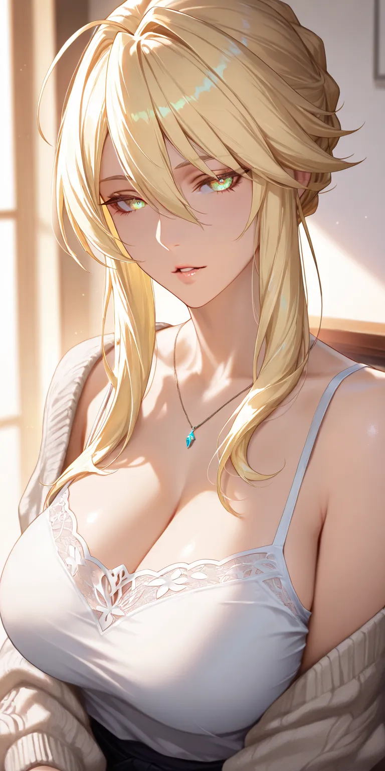 Masterpiece, very aesthetic, vibrant, high contrast, high resolution, ultra detailed, elegant mature woman, artoria Pendragon (lancer), housewife, camisosle, open cardigan, off shoulder, parted lips, seductive, soft light, best quality, newest, honkai star...