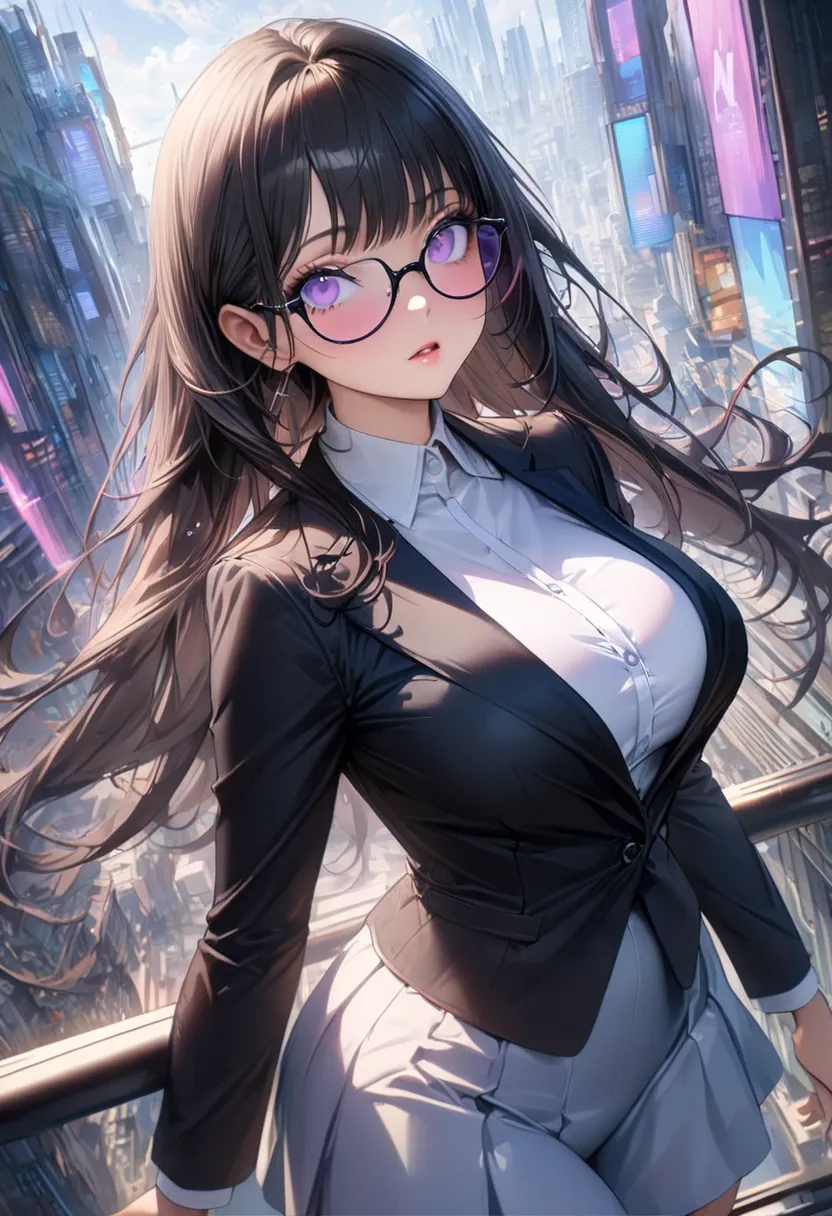 (super-realism), 1girl, medium shot angle, cowboy shot, looking up the sky, cyber city, Digital painting, kawaii anime, black long hair, purple eyes, black rim glasses, beautiful breasts, wearing a elegant office suit, pastel colors, peplum blazer, blouse,...