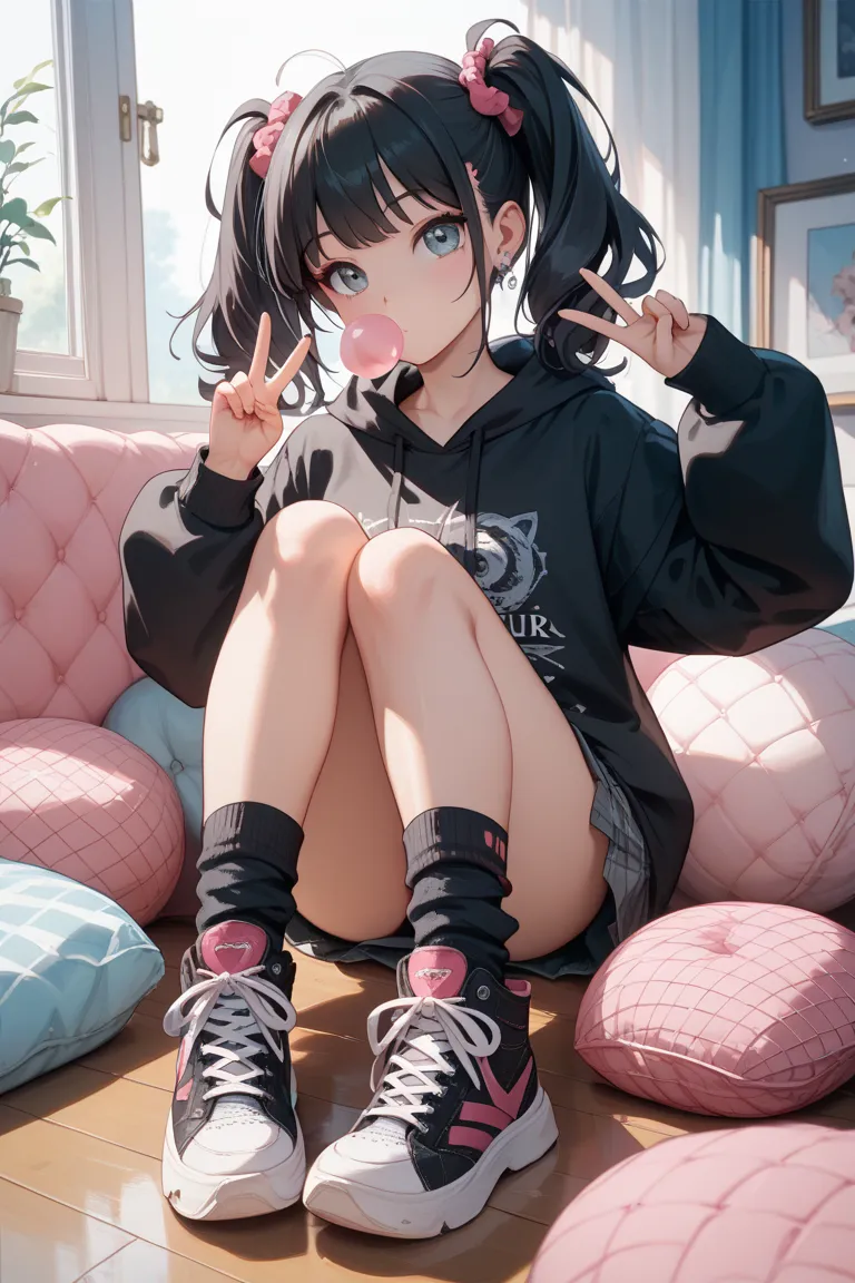 She is a very young and incredibly cute  5th grade girl. She has long, cute black hair in twin tails with pink mesh. She is very short at 131cm tall, slim, petite and cute. She is wearing a loose oversized off-the-shoulder black hoodie, a grey plaid minisk...