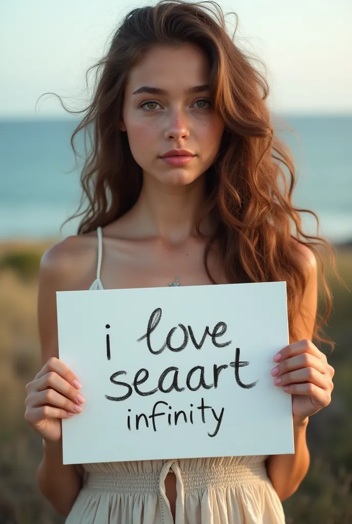 Beautiful girl with wavy long hair, bohemian dress, holding a white board with text "I Love Seaart Infinity" and showing it to the viewer