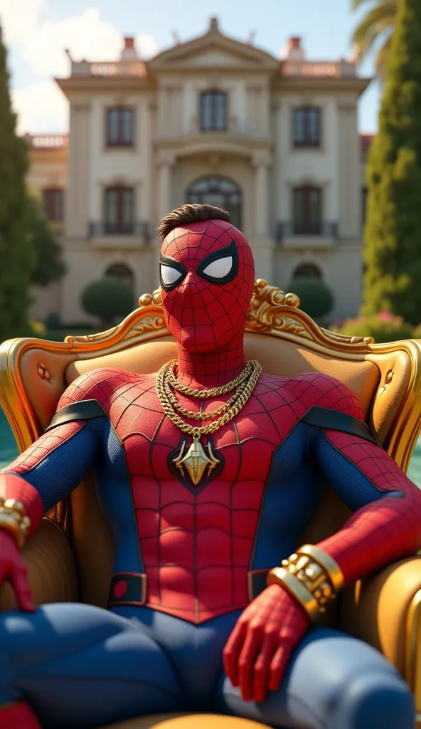 "A highly detailed 3D-style scene during the day with a luxurious mansion in the background. In the foreground, Spider-Man, wearing his classic red and blue suit, is sitting comfortably in an opulent golden armchair, laughing joyfully. He is adorned with g...