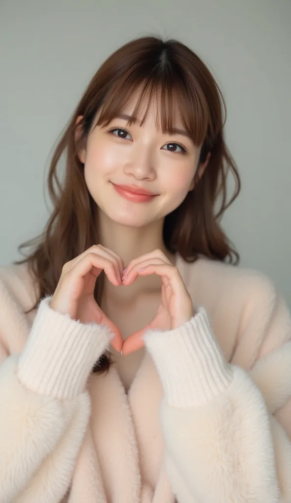 a woman with a cute smile is cute, fluffy off-shoulder pajamas,  make a big heart with both hands , posing with arms in front of chest, View above the collarbone、  has a monotone background  

