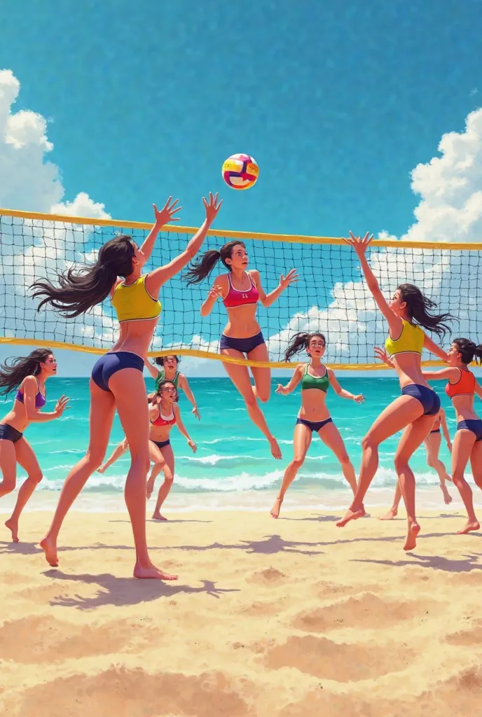 Give me 9 female volleyball players playing a game on the beach 