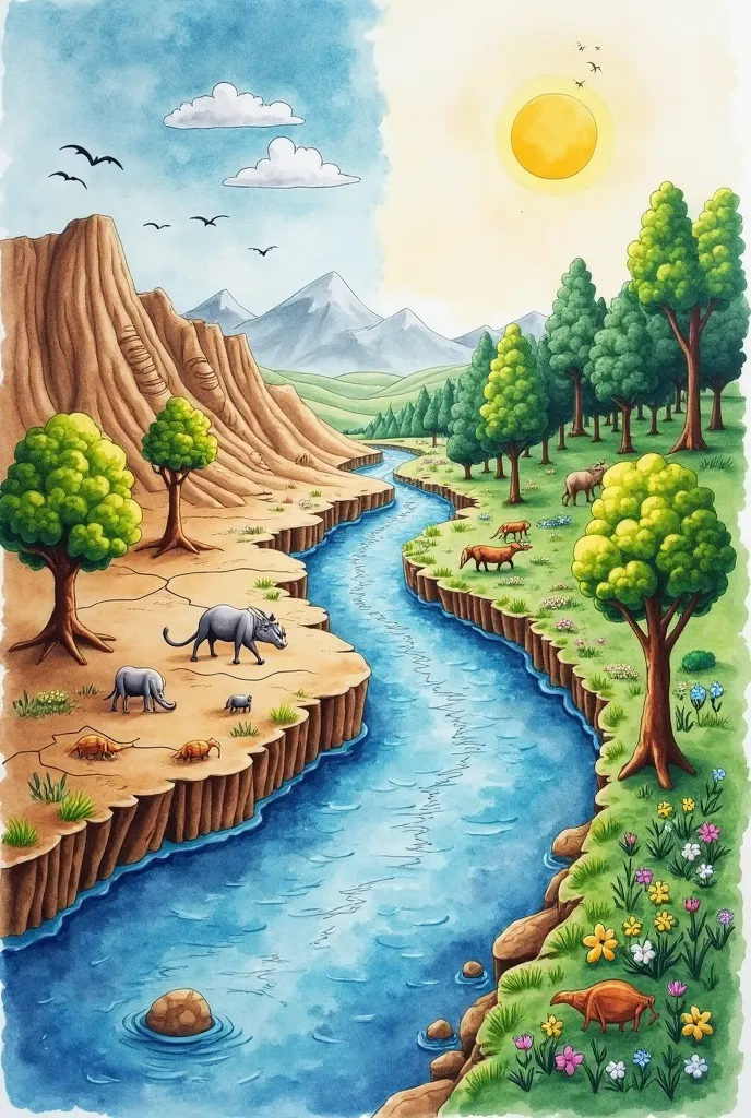 A split landscape watercolor painting. The top half of the page shows the negative impact of water wastage on Earth — dry, cracked land, wilted trees, dying plants, polluted rivers, and animals struggling without water. The sky is dull and dusty, symbolizi...