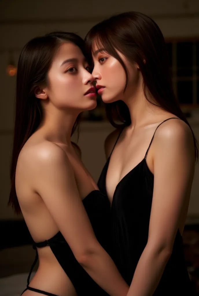 Korean woman is licking another girl's cheek、Beautiful Cleavage、