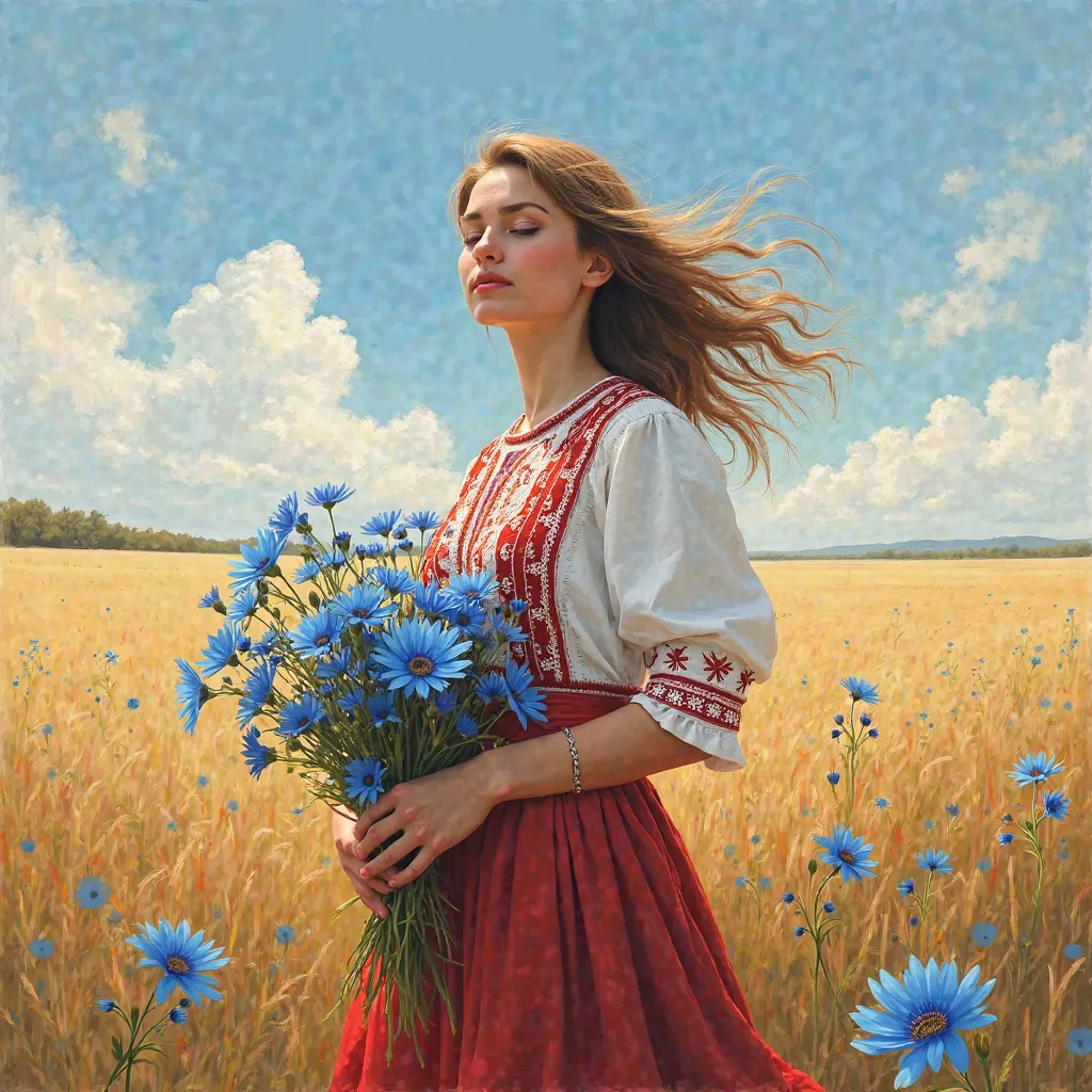 A modern digital painting of a Belarusian woman standing in a vast field under a bright sky. She wears a traditional embroidered dress with red and white patterns. In her hands, she holds a bouquet of vibrant blue cornflowers. The wind gently moves her hai...