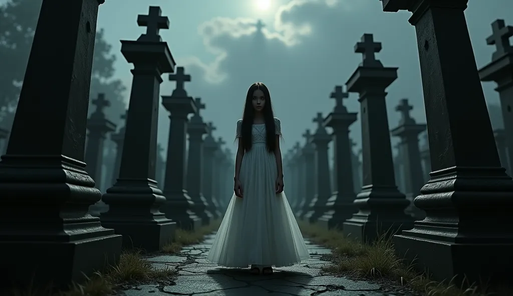 an  girl looking at me, She is dressed in white, in a dark corridor in the cemetery, It's nighttime and the atmosphere is bleak and terrifying. The environment is dark it's night 