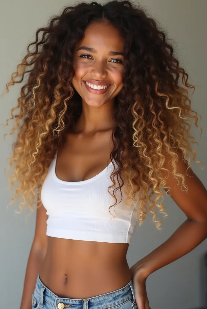 A 20-year-old girl with dark tan skin, honey-brown eyes, a slim yet curvy figure, and long, voluminous curly brown hair with light blonde tips (ombre effect, transitioning from dark brown to light brown/blonde). She has a natural, radiant beauty with soft ...