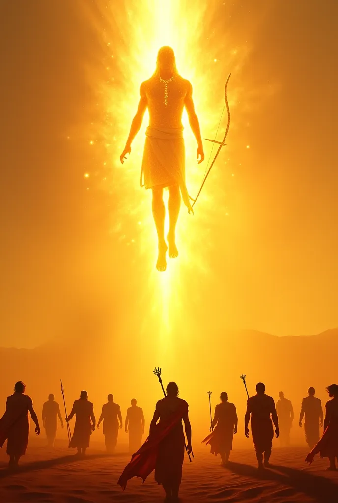 A human looking figure who shining like sun. Long shining hair, shining bow in shining hand, male, floating in sky, a bunch of warriors looking at him, in desert during sunset 