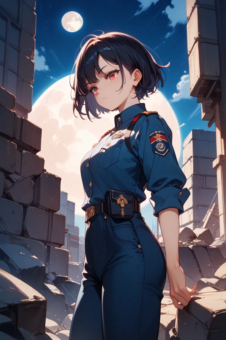 Japanese woman standing on rubble。Grown up boyish。Powerful。has short black hair、The tips of the hair are red 。Long sleeved combat uniform、long pants。staring eyes。Night Sky、is illuminated by the full moon。