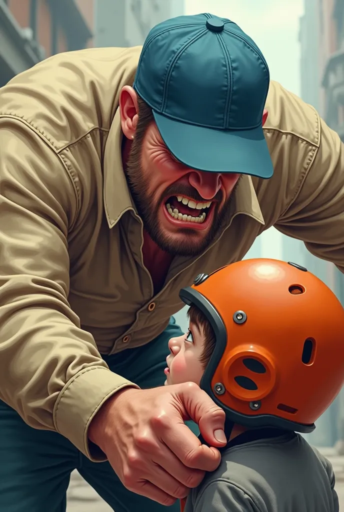 Angry brown man wearing a blue hat working in a long sleeve beige shirt fighting with a brown boy wearing an orange helmet 