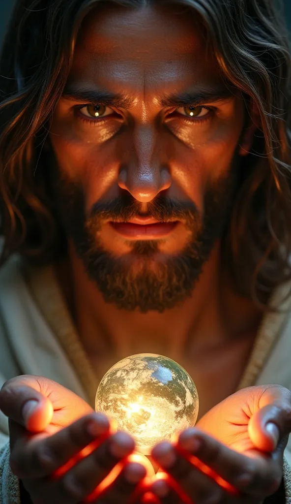 A hyperrealistic image of Jesus Christ looking directly at the viewer, holding a small, delicate Earth in His hands. His eyes, filled with tears, stream down His face, reflecting profound sorrow, compassion, and the weight of humanity's suffering. His expr...