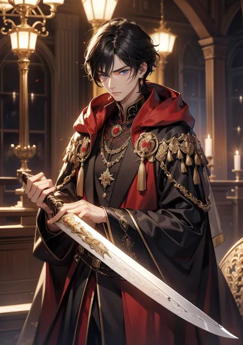 top quality。detailed depiction。Castle ballroom。cool and handsome nobleman、(( one adult man))。well-groomed face。Men's Hairstyles 、((male short hair))、青みを帯びた black hair、(( black hair))。 cool and intimidating look。((blue eyes))。well-groomed face。A callous and...