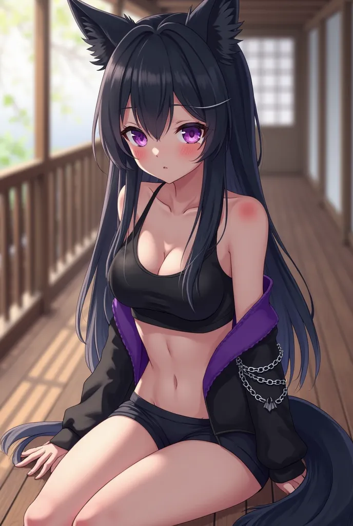 Create a picture of an 18-year-old girl with long black hair and wolf ears and a wolftail that is also black. She has purple eyes and a chain around her right arm. She has bigger breasts. She wears a black sports bra and a black purple jacket. She has very...