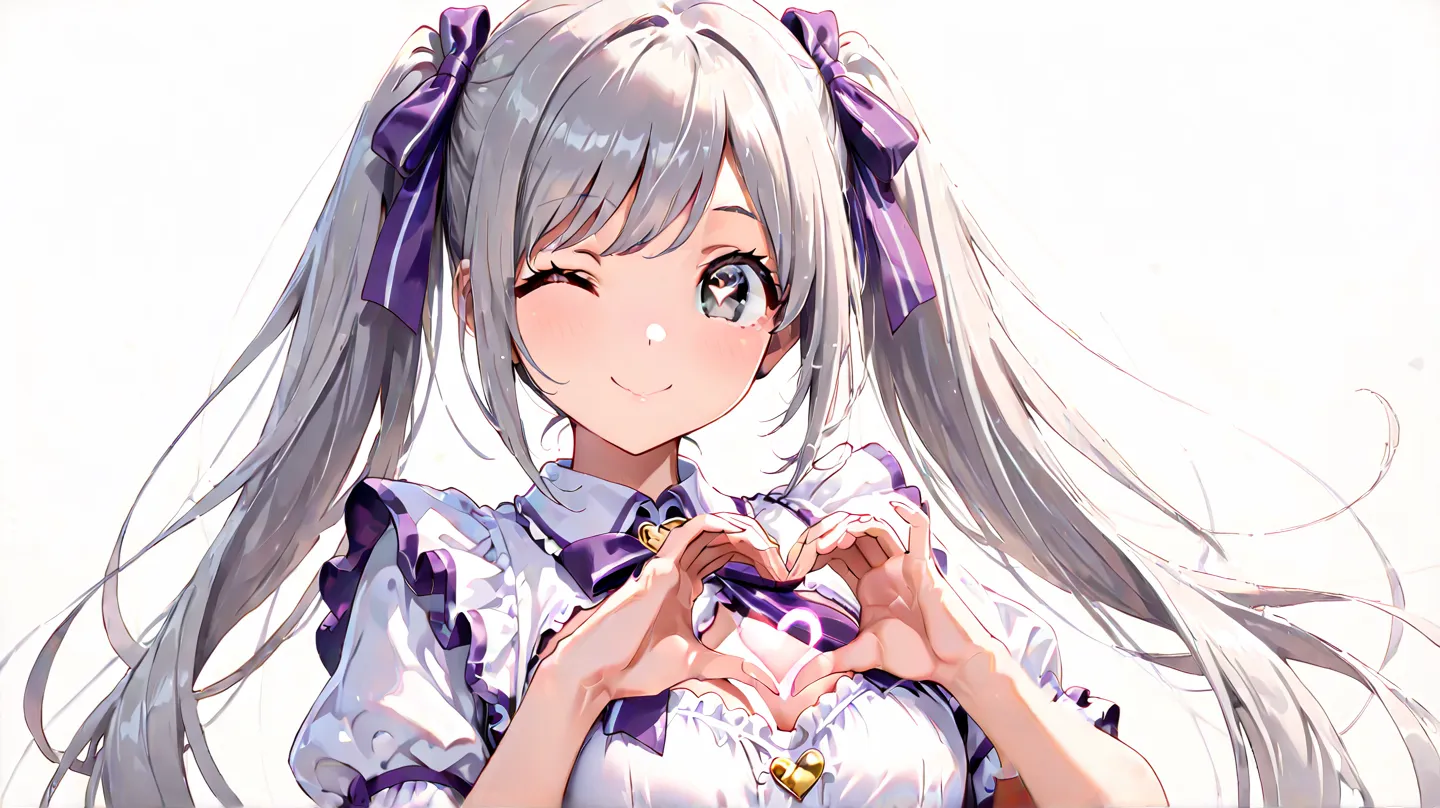 masterpiece, best quality, 1girl, solo, 1girl, solo, long hair, twintail, medium breast, grey eyes, big eyes, symbol-shaped pupils, hair ribbon, purple ribbon, pure White idol clothes, upper body, heart hand, looking at viewer, Wink smile, closed mouth, ha...