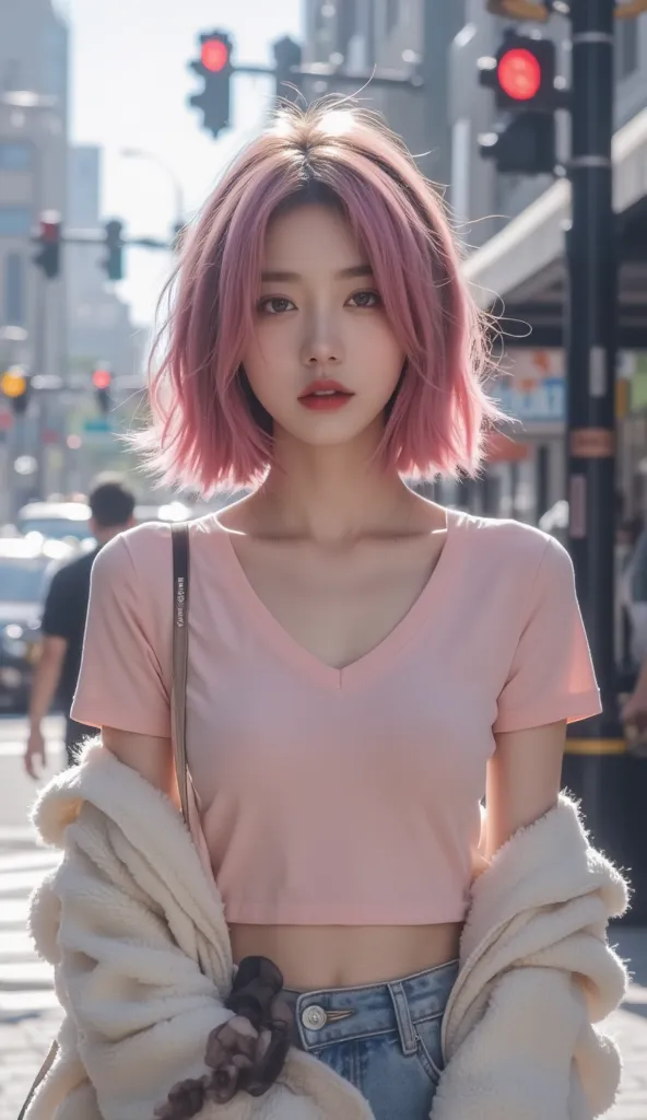 Jisoo,soft pink bun hairstyle, wearing v neck tshirt,candid pose, image is mid-range,walk in street.