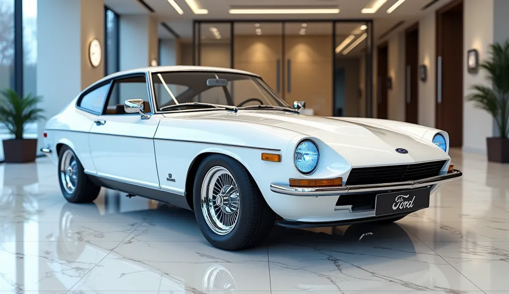 Ultra-photorealistic [CAR_MODEL: 1969 FORD CAPRI MK11300L] parked in a luxury showroom, with ZERO visible interior parts (no seats, dashboard, or panels)]. Shot from ( front right side view ) to emphasize [FOCUS: exterior design + door angles], featuring l...