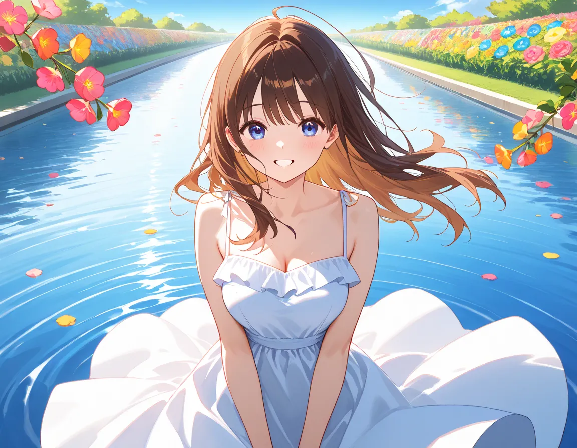 （masterpiece、high quality）「a beautiful woman with short brown hair、wearing an elegant white dress。She is smiling under the blue sky、in a green park。 the dress flutters in the wind 、a scene where gentle light shines on her face。 The background is lined with...