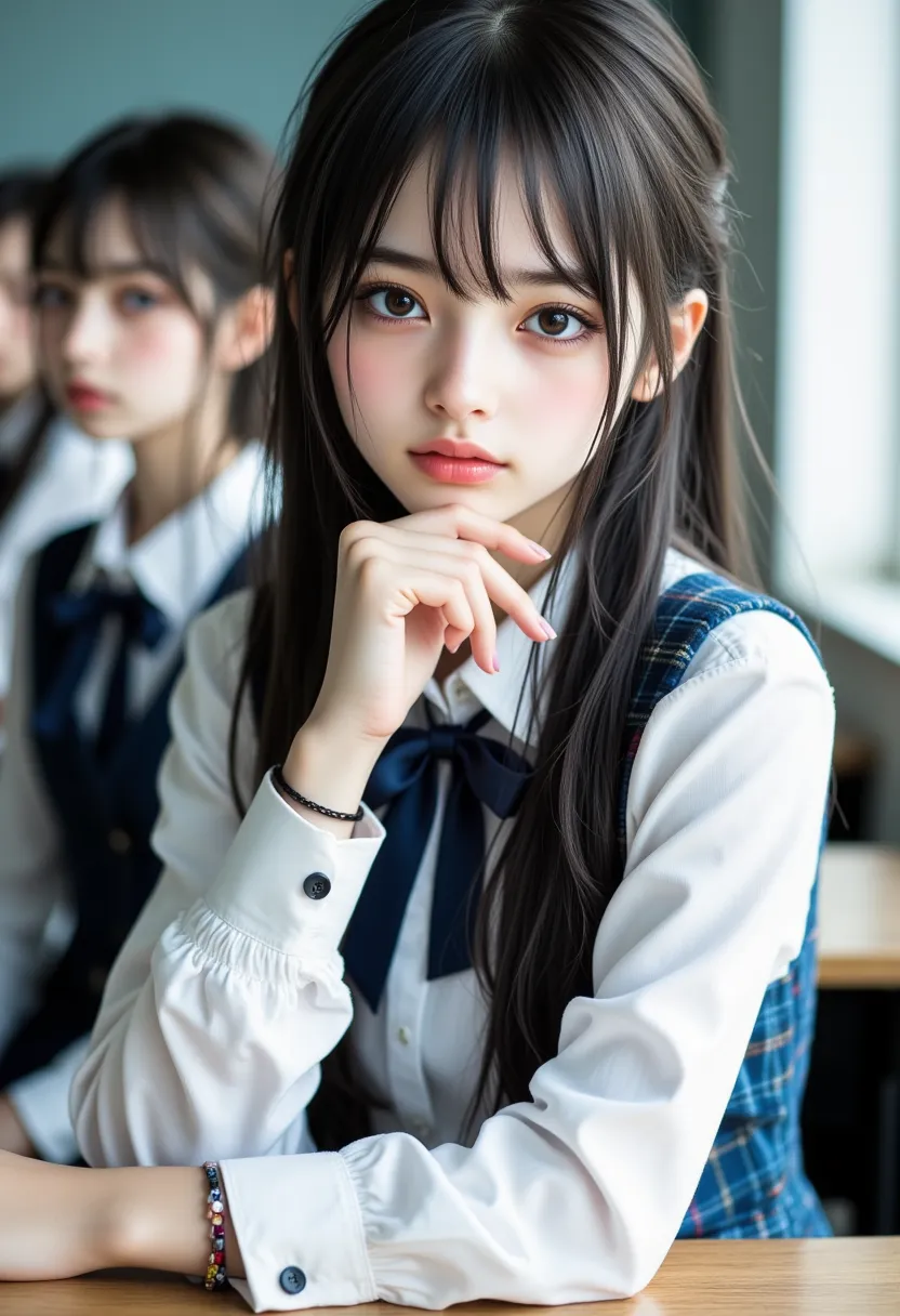 (赤い頬、smile:1.5)、((sitting with legs open:1.5))、((high school uniform、white blouse、 navy blue ribbon、 navy blue skirt :1.5))、(photoGenuineistic:1.4)、School classroom、other students watching from behind、 Staring at the crowds、top quality、masterpiece、top qual...