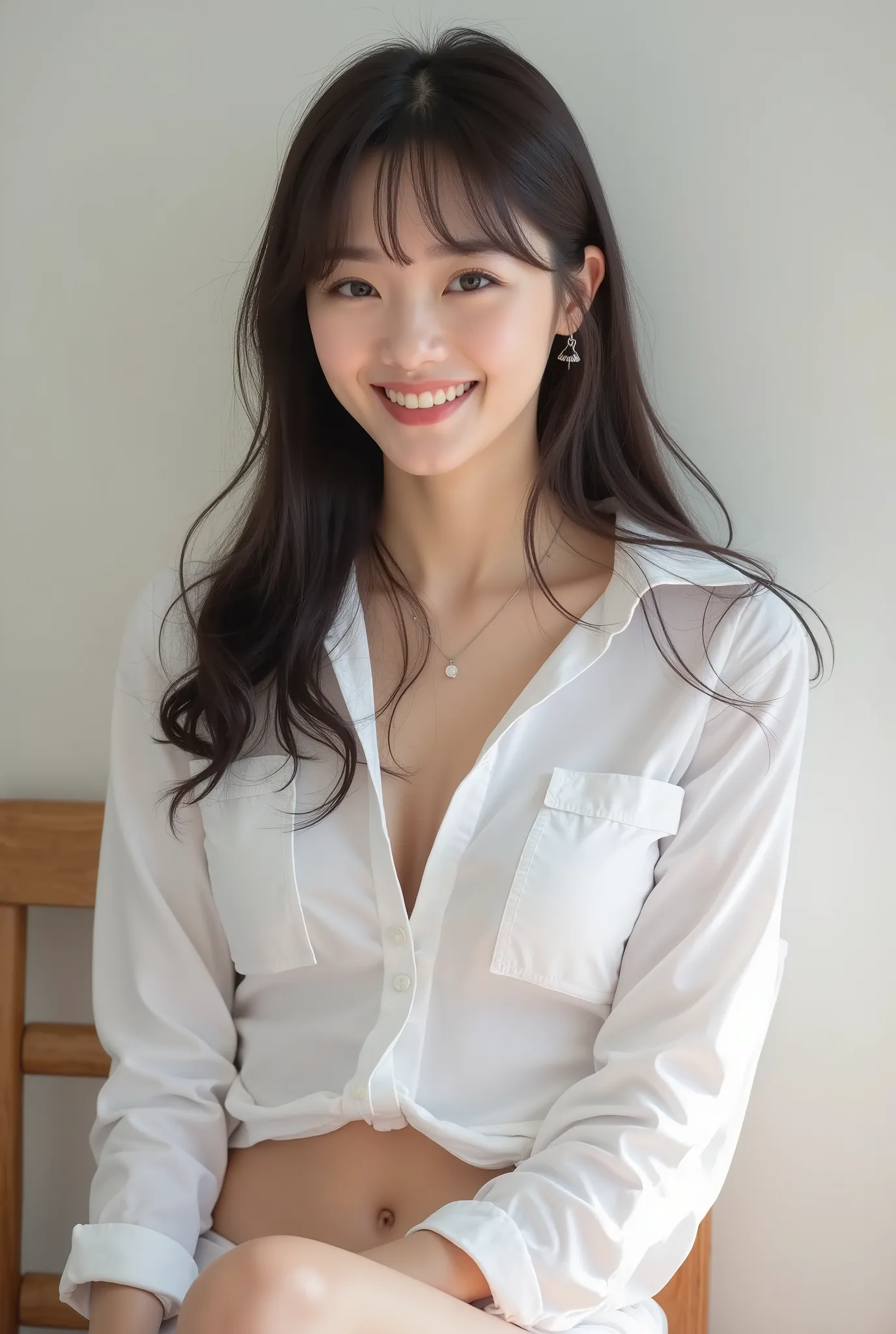 I can see her breastbone through the white shirt, white skin, big boobs,  full body, Wearing white panties, Laugh, 20 year old Korean idol girl with long straight hair with bangs, 환하게 Laugh
