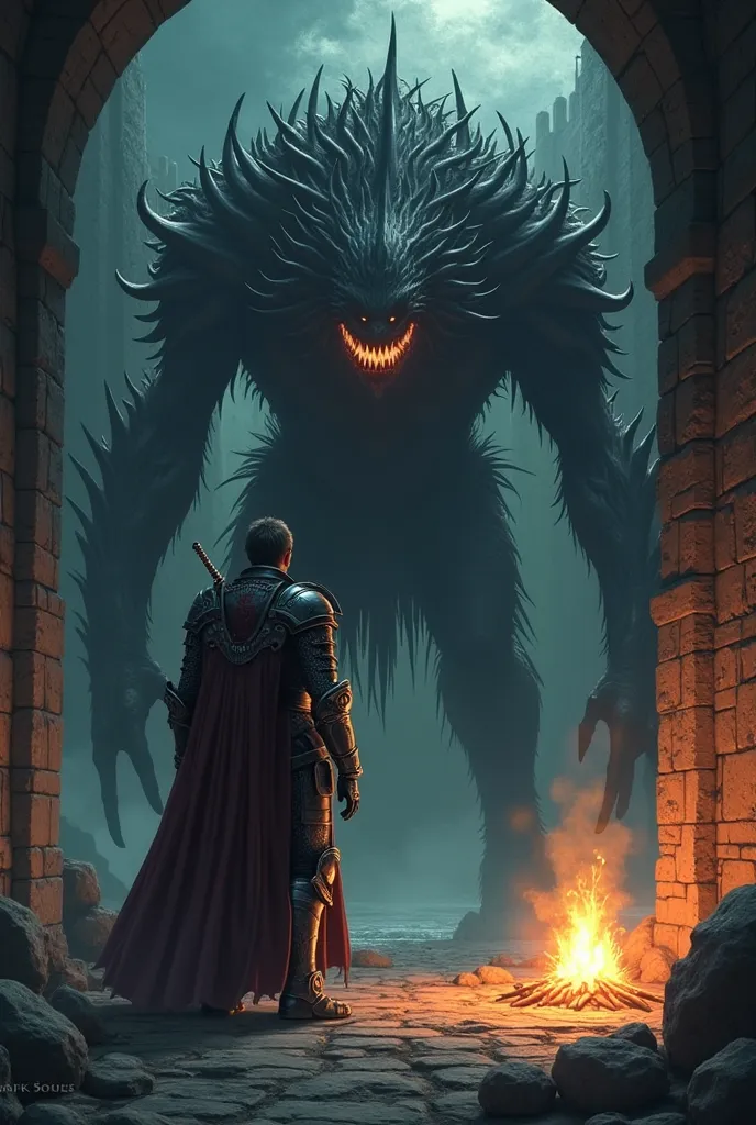 dark souls game anime dark vibes - solaire versus a scary monster on a dark place anime style on a really dark place and a big terror vibe
with a bonfire on the dark castle place