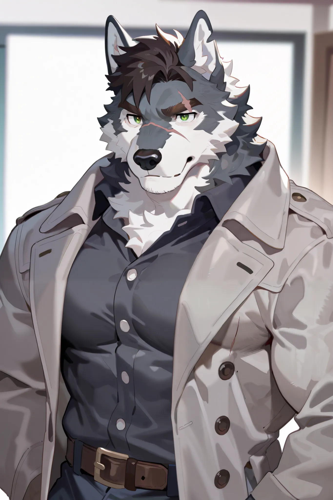  1 boy , alone,  human furry , Wolf, blue and white fur, , Dark pattern , green eyes, Eye with Scar, White hair, Brown and black hair tips,Brown eyebrows，Sturdy ，Muscular。
detective，grey coat。
 Confident Gesture,
 masterpiece, is the best quality,

