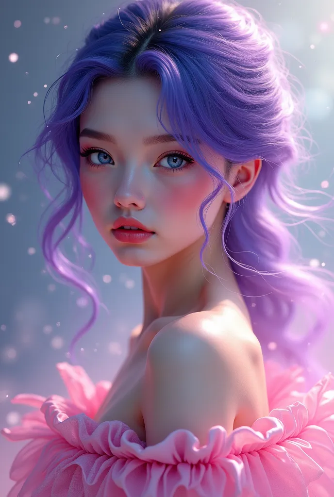 Purple hair girl blue eyes pink satin scurt 