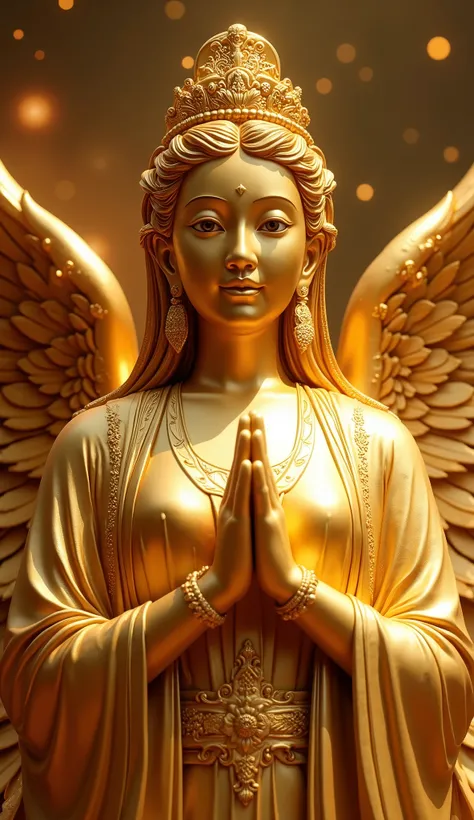 The statue of a full-body golden woman with golden wings on her back “The statue of a woman is Asian, so young and cute” is looking at me while looking at the camera、Close enough to the camera to show only her upper body。Her face is shown in large size。god...