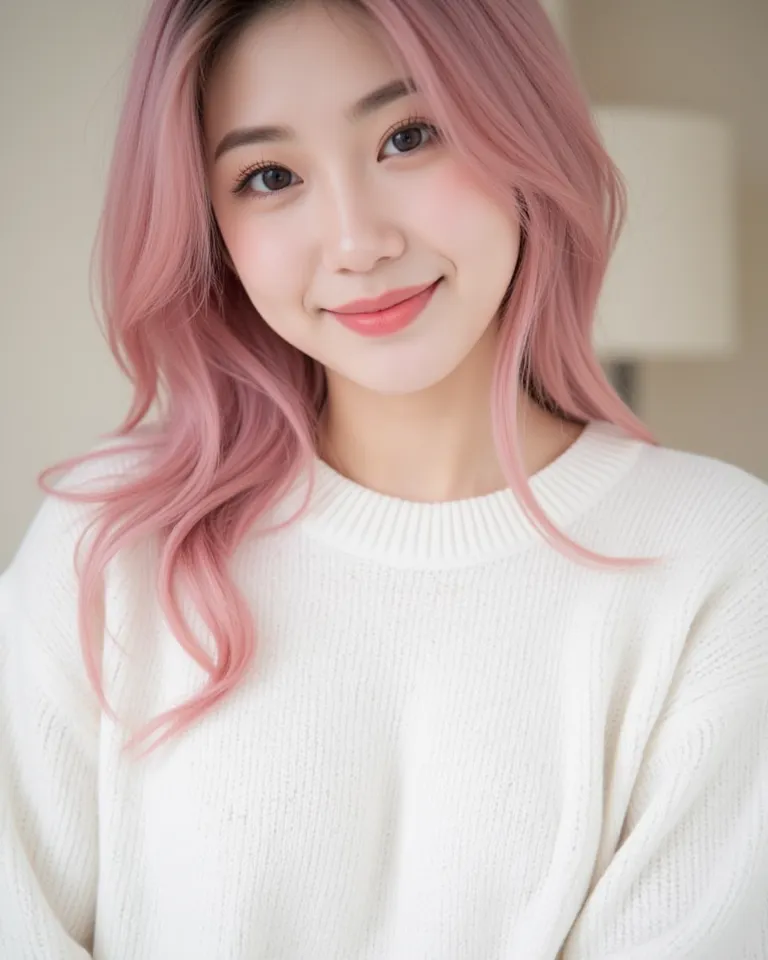 A beautiful girl wearing a white sweater, She is young and slender, her skin is lively and well-groomed, she is making a light smile, her pink hair cascading down her shoulder, her breasts are slightly plump