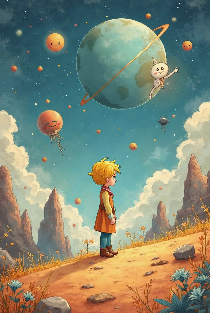 Give me a full illustration of the planet Venus with the little Prince and make sure the art style is like the Little Prince sory