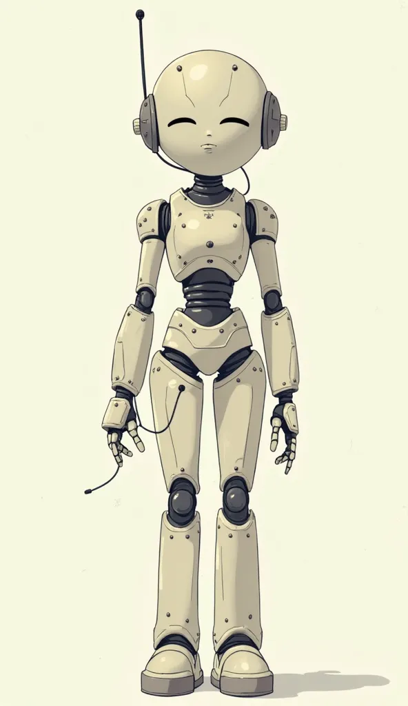 Anime style,  light background.  robot. off.  eyes closed. Полностью robotизирован. mechanical body.  no hands, short wires stick out of your hands. full length. Бело-голубой цвет robotа. Steel color. 