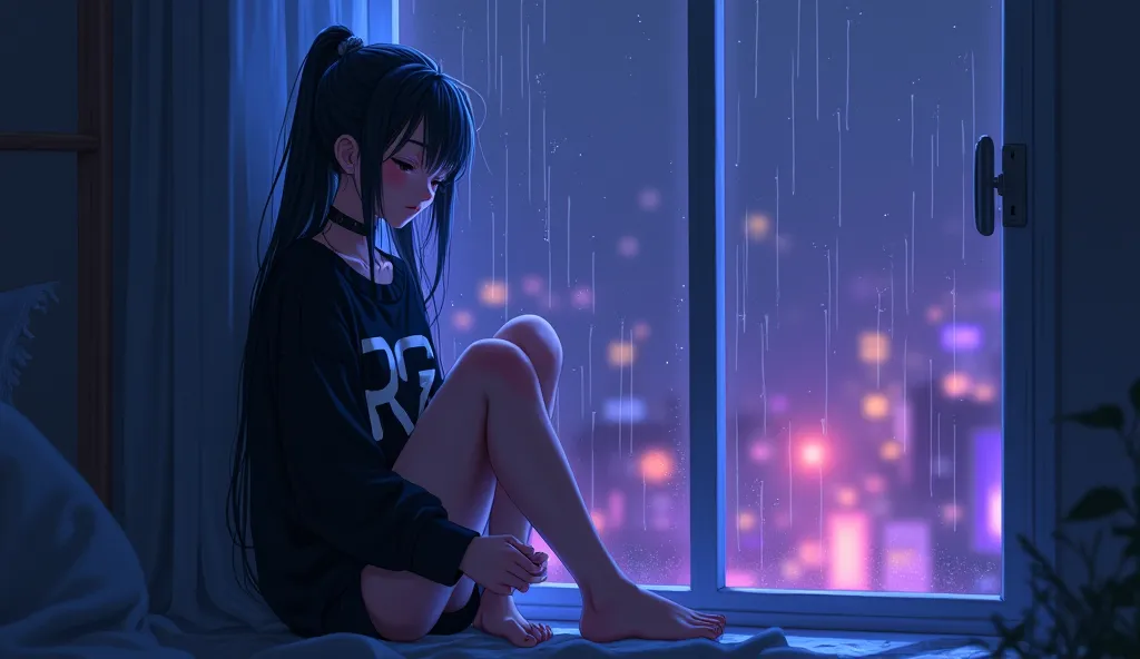 Picture a girl sitting in white clothes on a windowdead leaning by the window in an oversized black sweater with a white print "RG" and in shorts , a girl with long black hair with a tattoo around her neck and her eyes closed. You can see raindrops and a b...