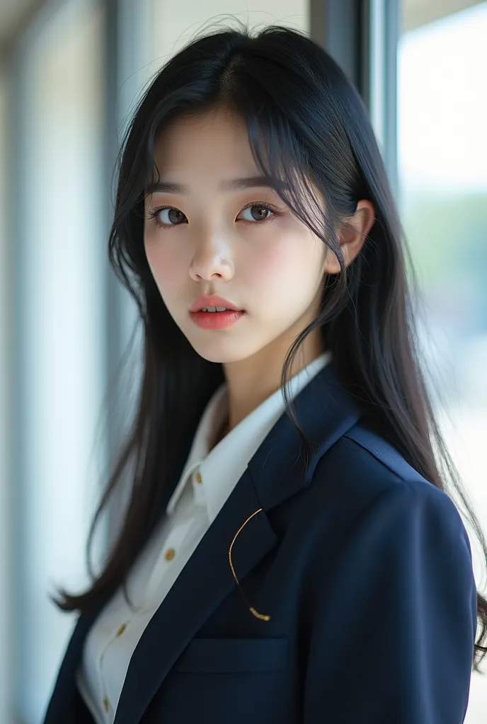 A young korean girl, perfect body, beautiful face, in korean high school uniform 