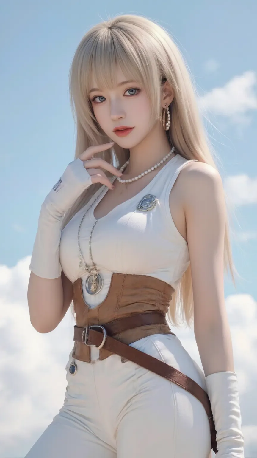 Depicted from a three-quarter angle, Android 18 from Dragon Ball stands confidently against a bright sky with soft white clouds. She has straight, light-blonde hair cut just above her shoulders, with a side part and bangs draping slightly over her right fo...