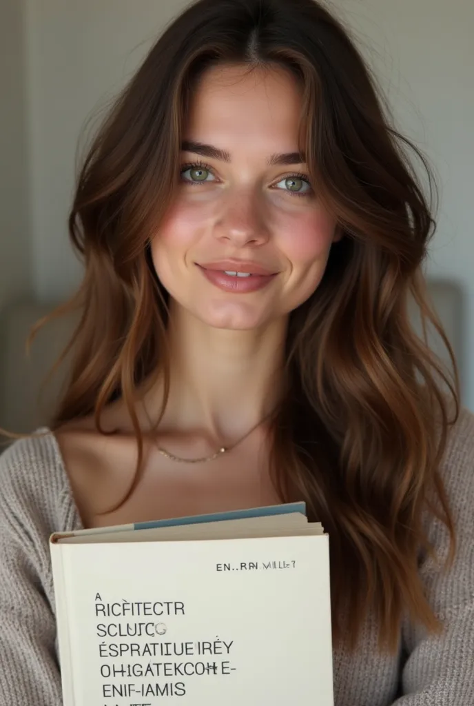 make an image of Amelie Florence, a 20-year-old girl born in Èze, in the south of France with features with light green eyes, Wavy brown hair that goes to architecture school and that is more casual. Do it holding a book written with the name of the École ...