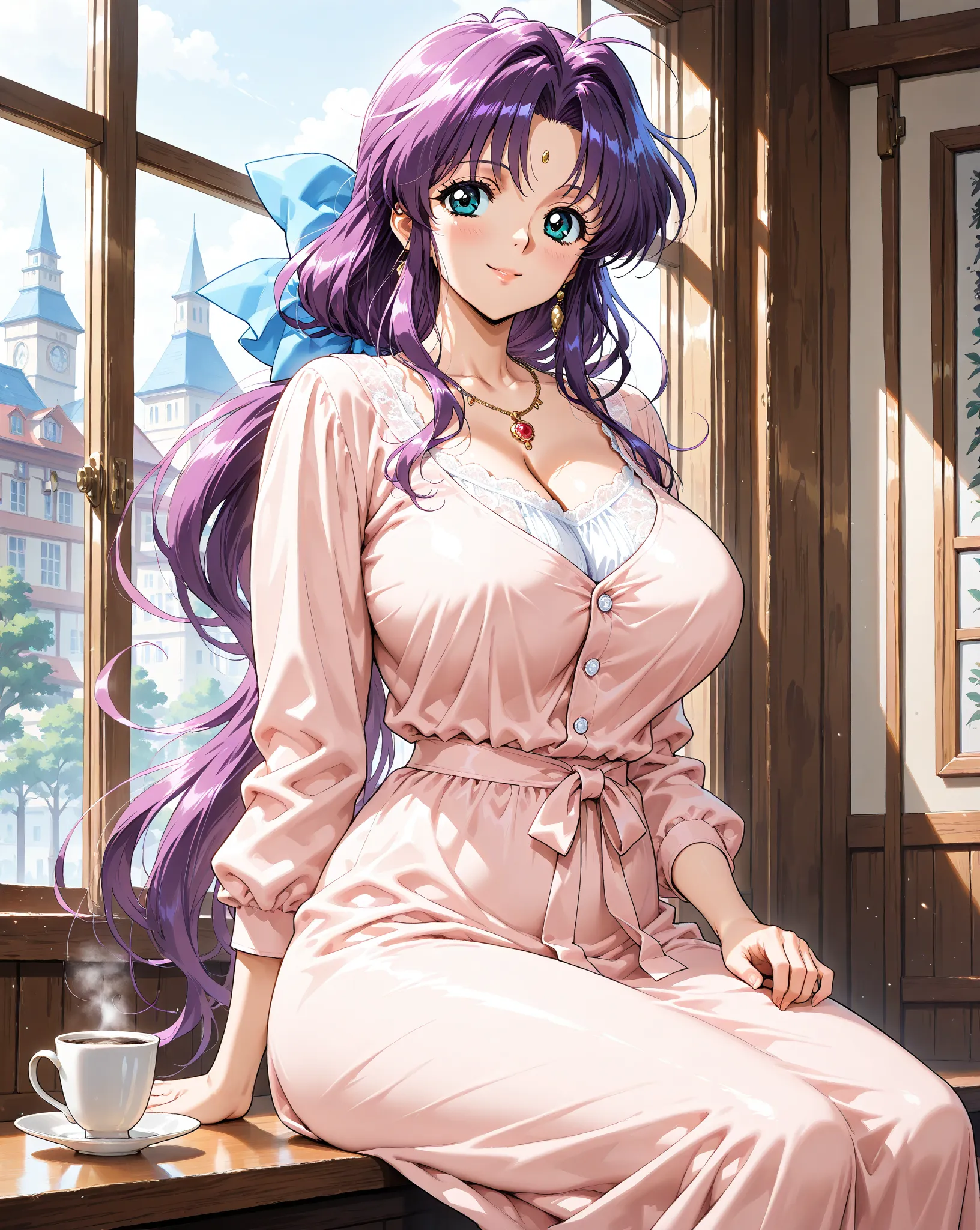 cowboy shot,Sitting on an open terrace in a European city,masterpiece, best quality,  Alone, purple hair, long hair,large breasts,big butt,plump body,hair bow, blue bow,  1990s (style), game cg style,(mature woman:0.9), (white 
one piece dress,pink frills,...