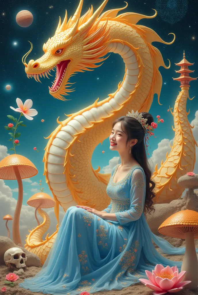 Featuring a very detailed and vivid artwork, featuring a beautiful young Korean woman with a friendly smile, sitting in front of a huge golden dragon, The dragon has an open mouth with sharp teeth, and a long body that winding decorated with colorful patte...