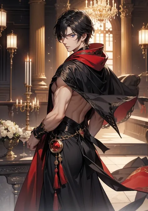 top quality。detailed depiction。Castle ballroom。cool and handsome nobleman、(( one adult man))。well-groomed face。Men's Hairstyles 、((male short hair))、青みを帯びた black hair、(( black hair))。 cool and intimidating look。((blue eyes))。well-groomed face。A callous and...