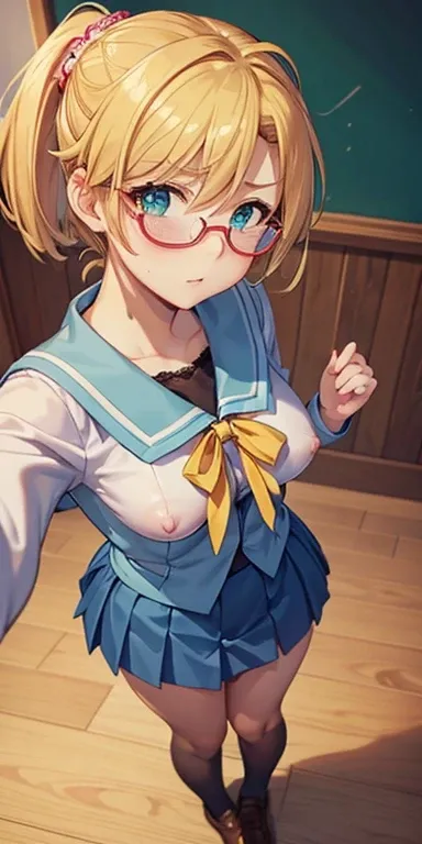     1 female,High Definition,dementia,       Ultra-realistic       ,8K,Rebeca Hawkins     ,     green eyes    , blond hair, short hair, choke, blows,  twin ponytail clothing,    collectors   , glasses,   school uniform, sailor collar,    blue jacket, blue ...