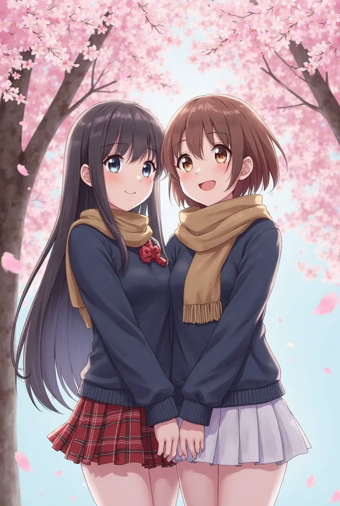 I'm going to 《》standing together under a cherry blossom tree ，The girl on the left is black long hair，Wear a dark blue long-sleeved sweater with silver eyes ，in a dark blue long-sleeved sweater，Two girls standing together under a cherry blossom tree surrou...