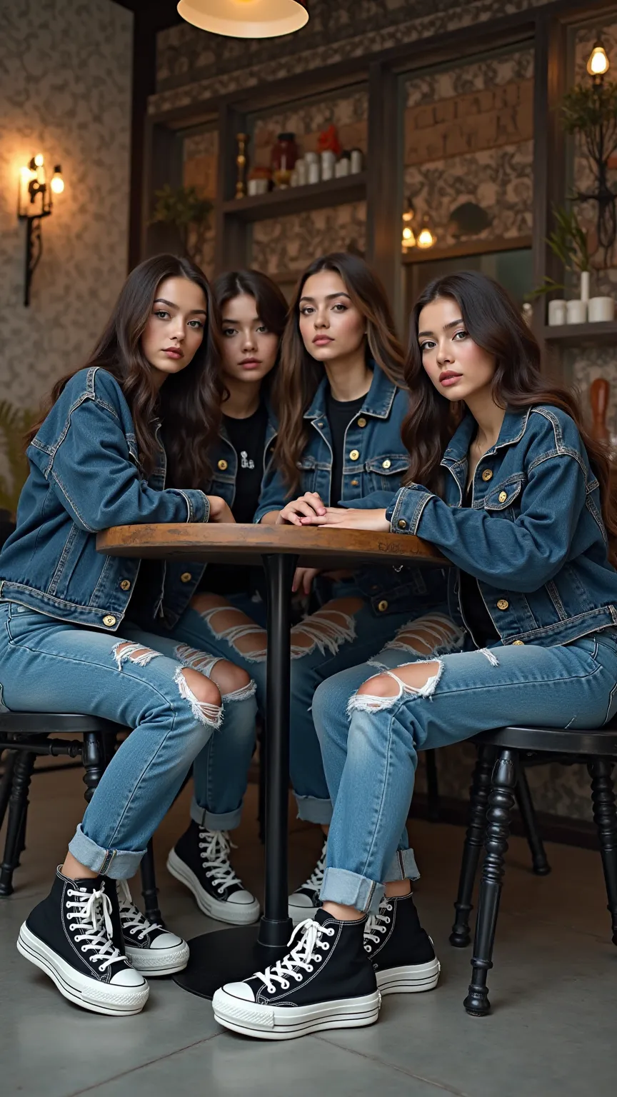 4 girls in black white high top Converse platforms, blue ripped skinny jeans, 6 buttons dark blue denim jacket sitting around a table