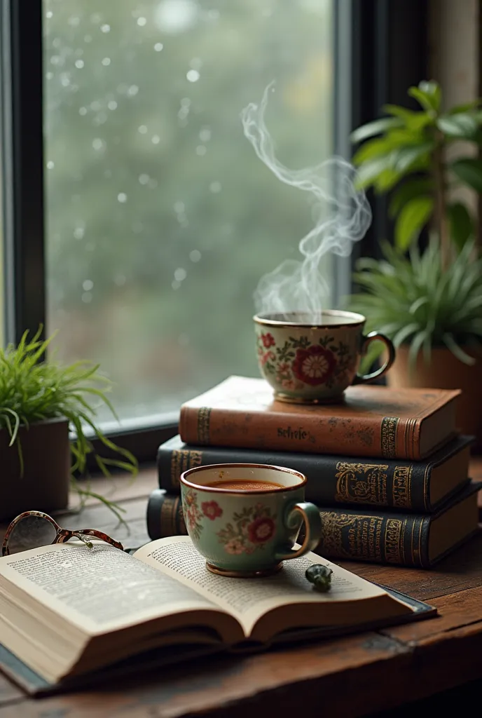 artistic depiction of a steaming cup of tea on top of a stack of books (novels) with catchy and proper speactacles kept beside books on the table, by a rainy windowsill - can you show up Embroidery work hanged somewhere in this scenario 