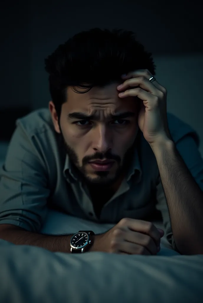 A man near the camera with a watch on his side having trouble sleeping with his hand on his head 